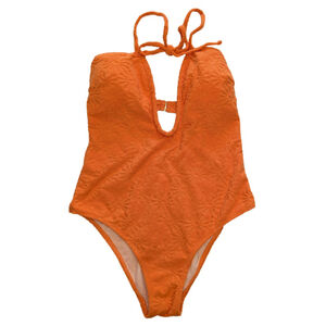 Orange Floral Textured One-Piece Swimsuit • S–M • 70's Vintage Vibe